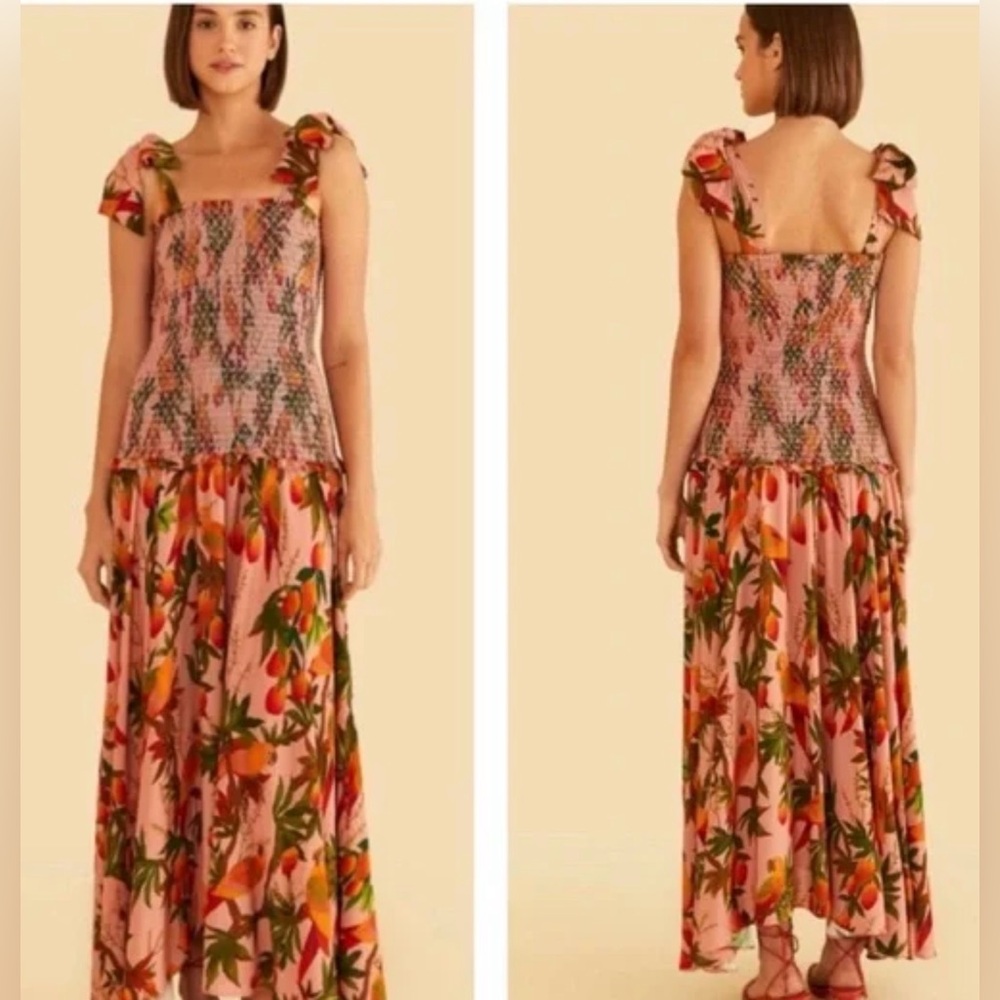 Farm Rio Mango Tree Parrot Smocked Midi Dress Pink Tropical Tie Shoulder Large